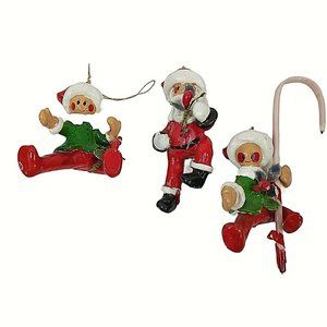 Vintage 1980 Sondra Christmas Ornaments Santa Elves Figures Lot of 3